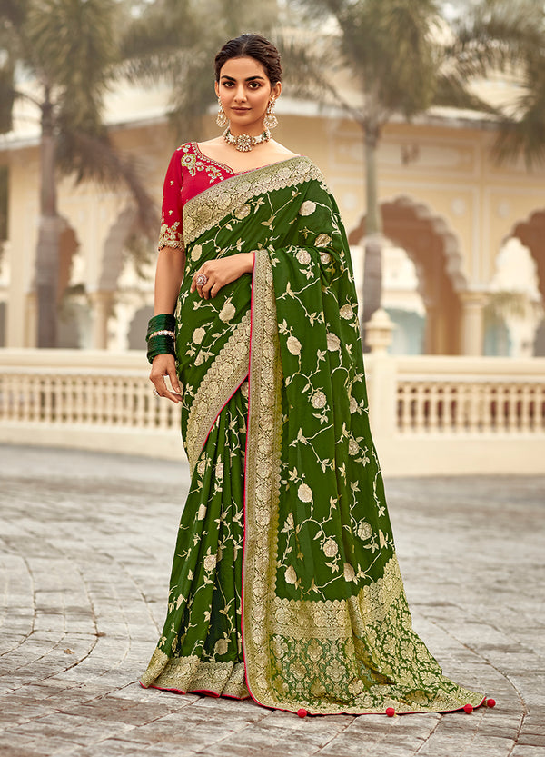 Monjolika Fashion Bottle Green Banarasi Weaving Dola Silk Wedding Saree