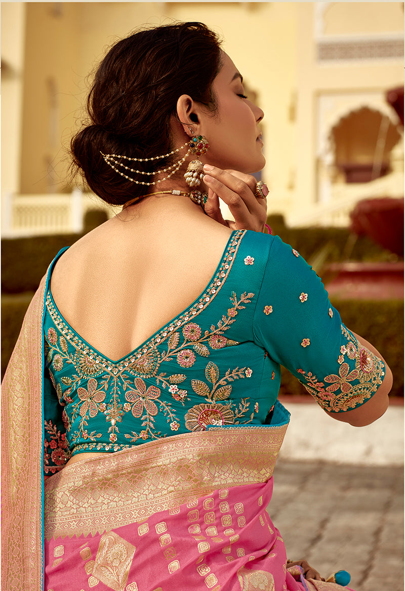 Monjolika Fashion Rose Pink Dola Silk Wedding Saree with Heavy Zari Weaving - Distacart