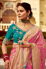 Thumbnail for Monjolika Fashion Rose Pink Dola Silk Wedding Saree with Heavy Zari Weaving - Distacart