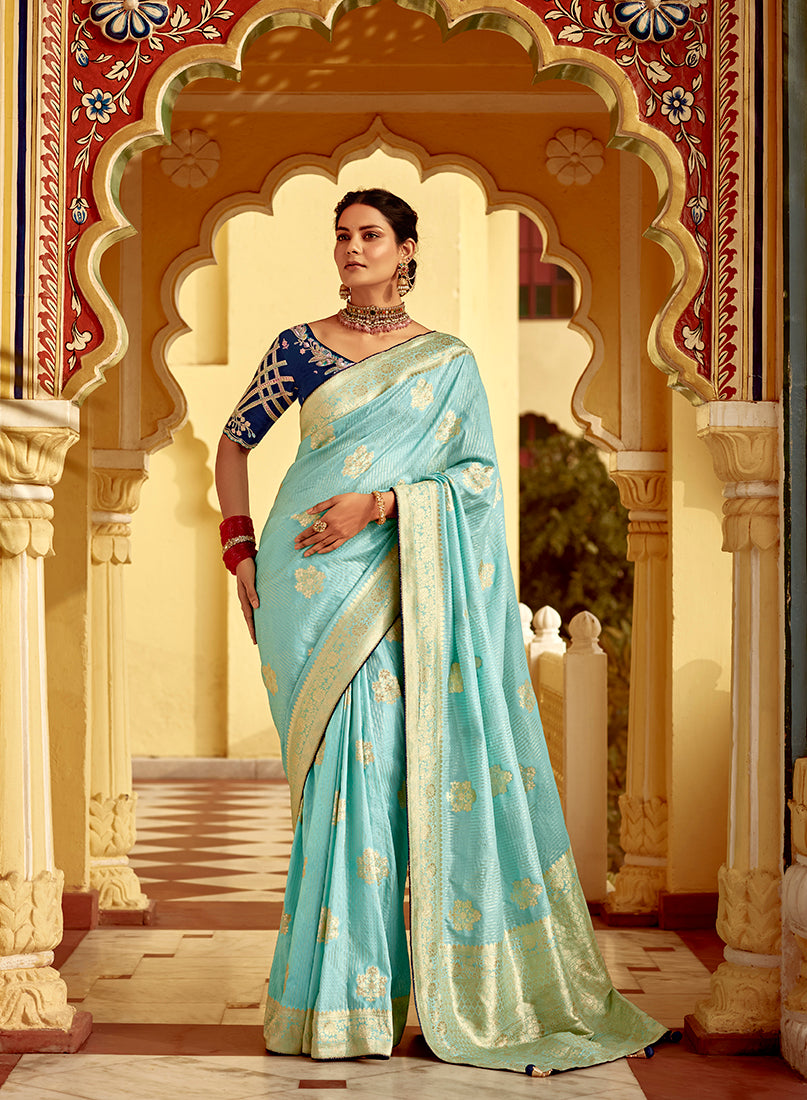 Monjolika Fashion Sky Blue Banarasi Weaving Dola Silk Wedding Saree
