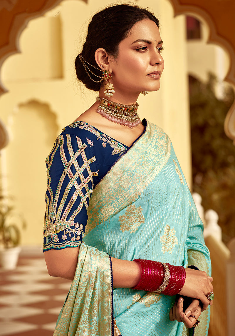 Monjolika Fashion Sky Blue Banarasi Weaving Dola Silk Wedding Saree