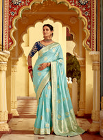 Thumbnail for Monjolika Fashion Sky Blue Banarasi Weaving Dola Silk Wedding Saree
