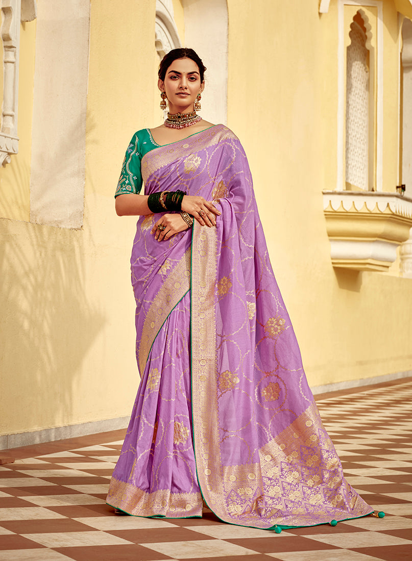 Monjolika Fashion Lavender Purple Designer Dola Silk Wedding Saree
