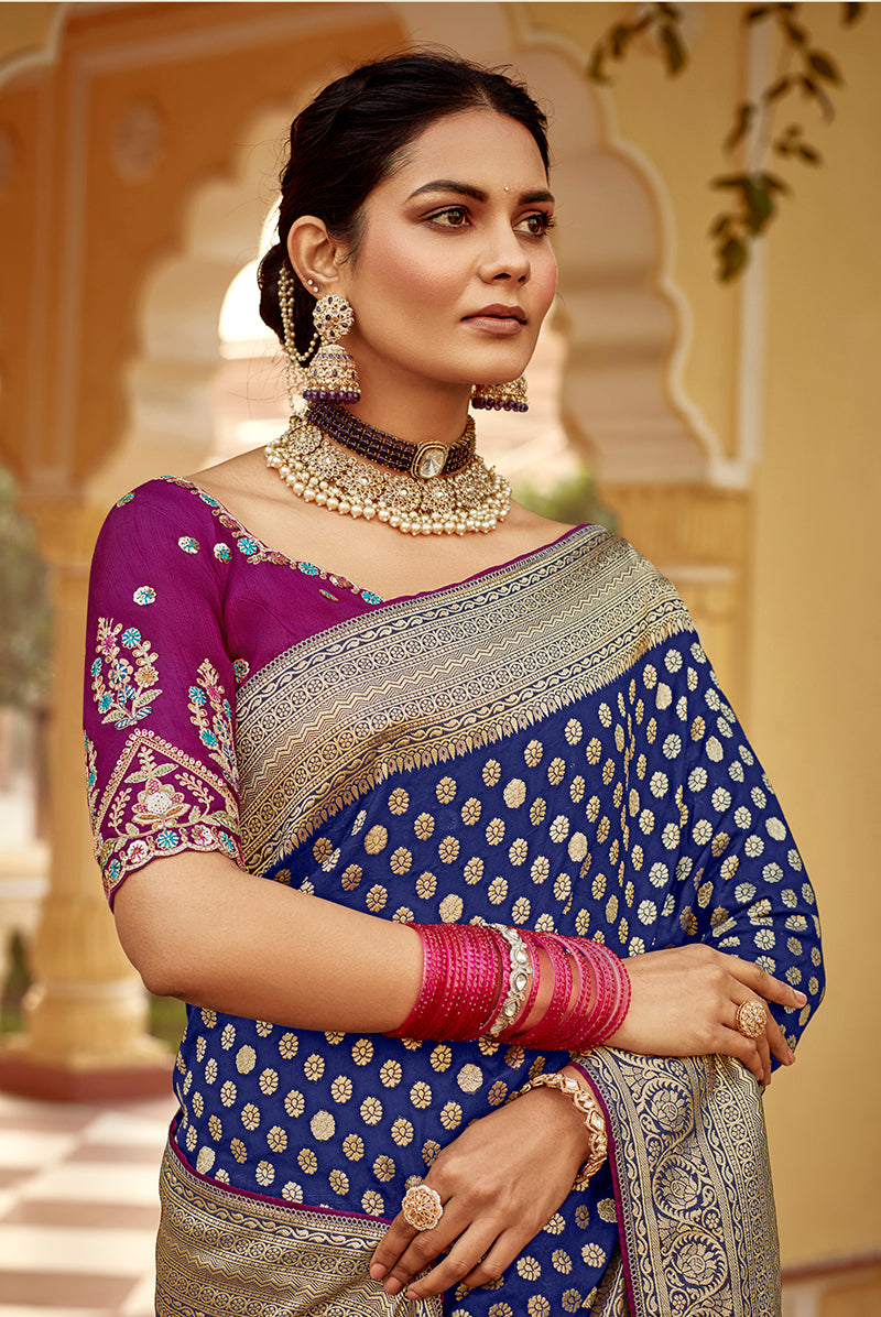 Monjolika Fashion Navy Blue Banarasi Weaving Dola Silk Wedding Saree - Distacart
