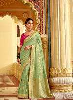 Thumbnail for Monjolika Fashion Mint Green Dola Silk Wedding Saree with Golden Zari Weaving - Distacart