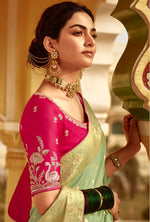 Thumbnail for Monjolika Fashion Mint Green Dola Silk Wedding Saree with Golden Zari Weaving - Distacart
