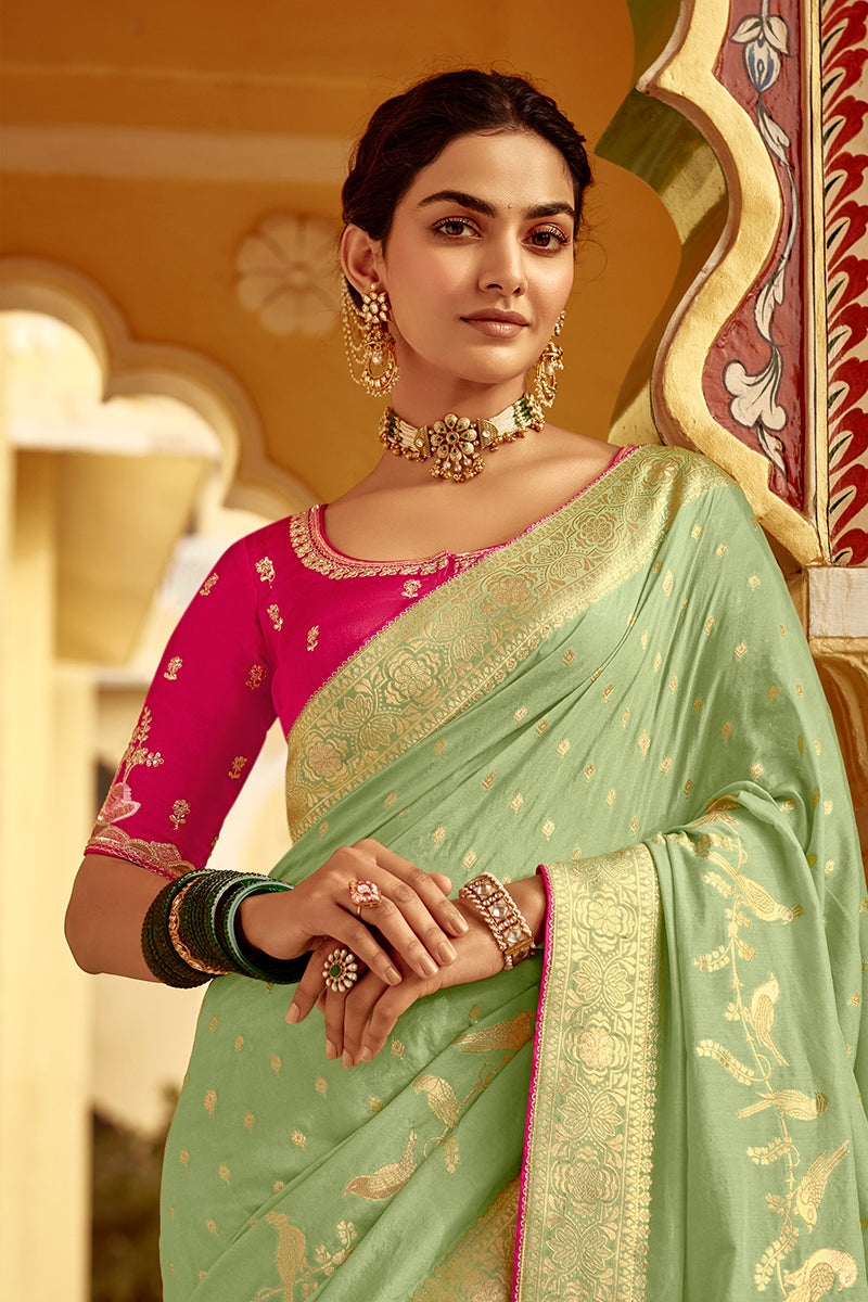 Monjolika Fashion Mint Green Dola Silk Wedding Saree with Golden Zari Weaving - Distacart