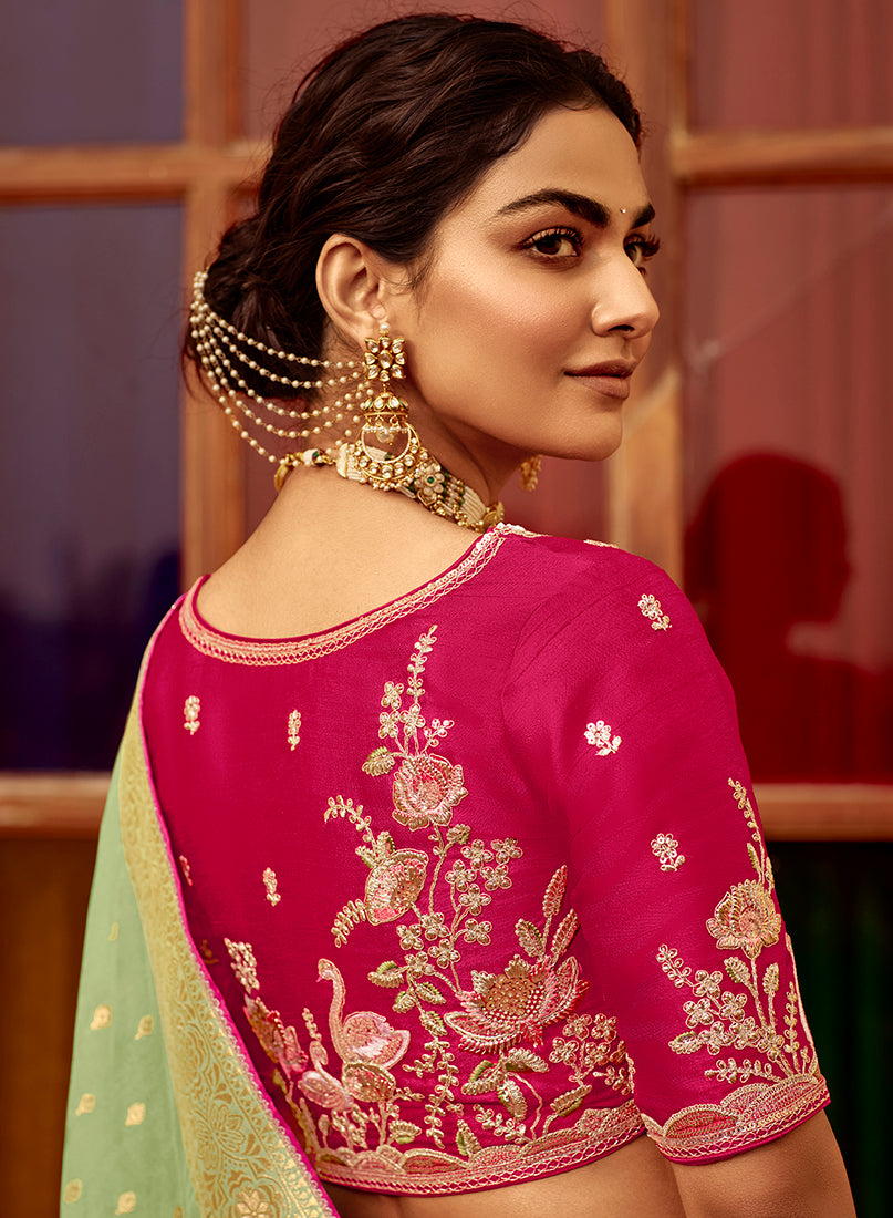 Monjolika Fashion Mint Green Dola Silk Wedding Saree with Golden Zari Weaving - Distacart