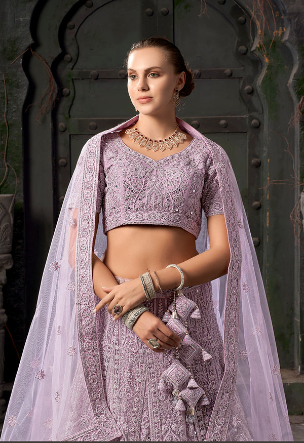 Monjolika Fashion Lavender Net Lehenga Choli In Thread Embroidered