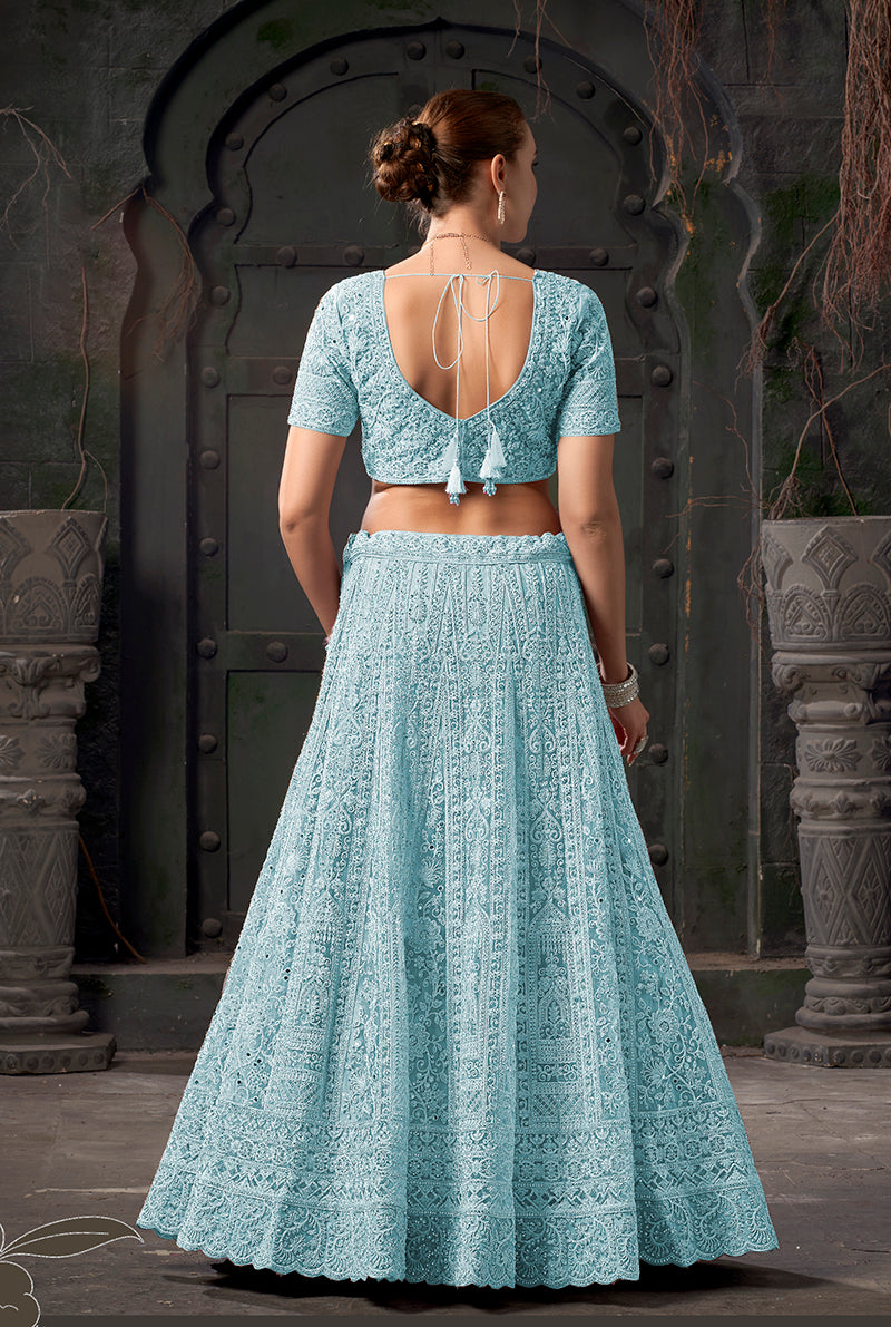 Monjolika Fashion Sky blue Net Lehenga Choli In Thread Embroidered