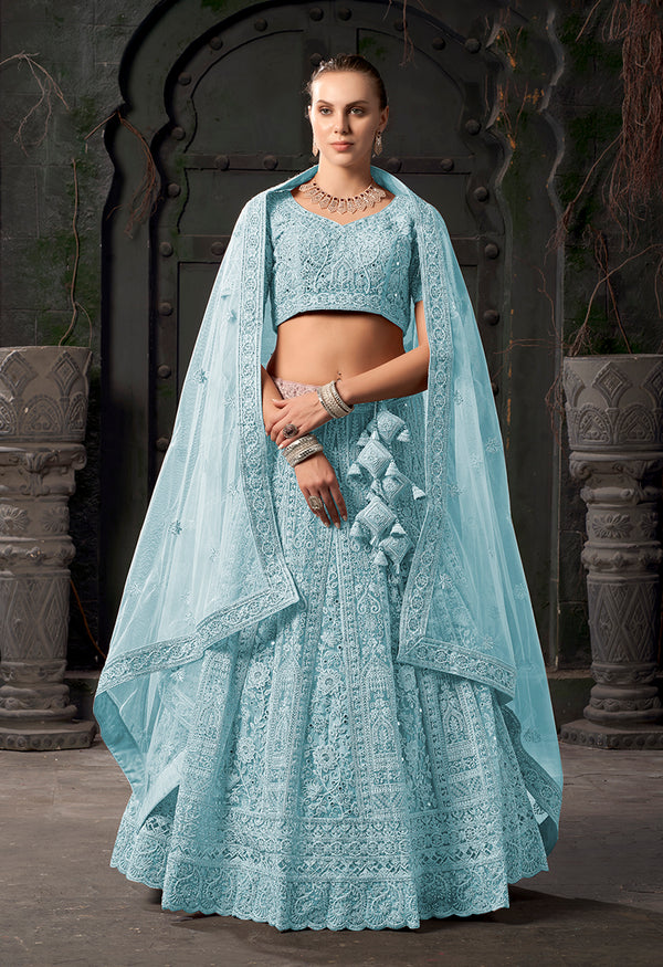 Monjolika Fashion Sky blue Net Lehenga Choli In Thread Embroidered