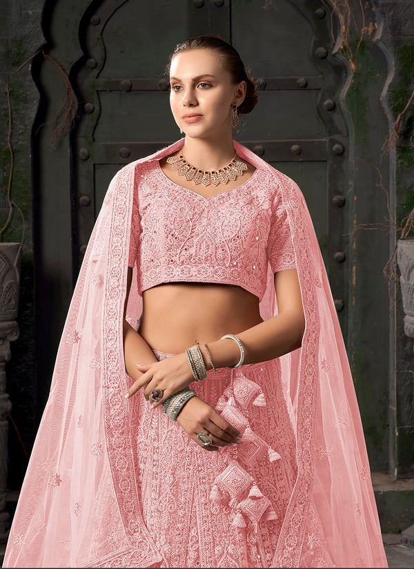 Monjolika Fashion Light pink Net Lehenga Choli In Thread Embroidered