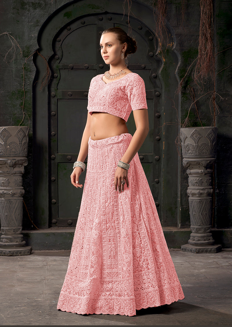Monjolika Fashion Light pink Net Lehenga Choli In Thread Embroidered