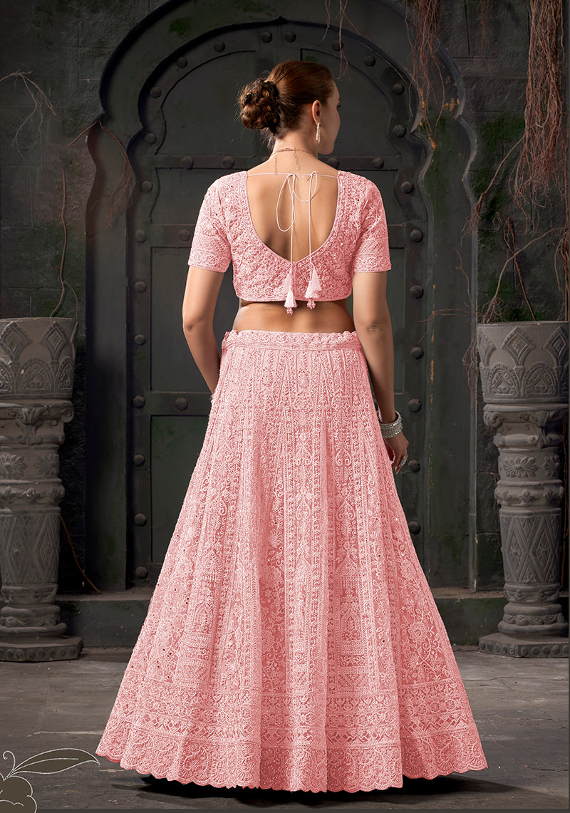 Monjolika Fashion Light pink Net Lehenga Choli In Thread Embroidered