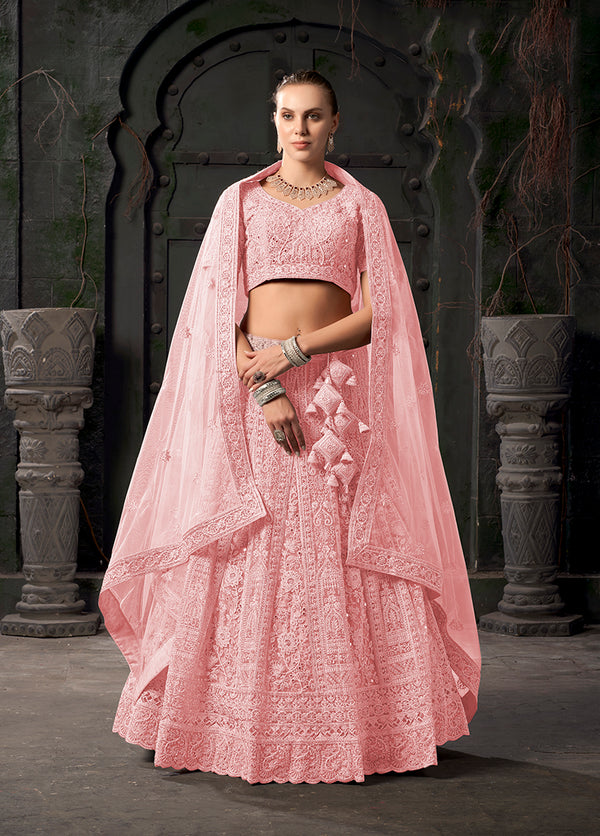 Monjolika Fashion Light pink Net Lehenga Choli In Thread Embroidered