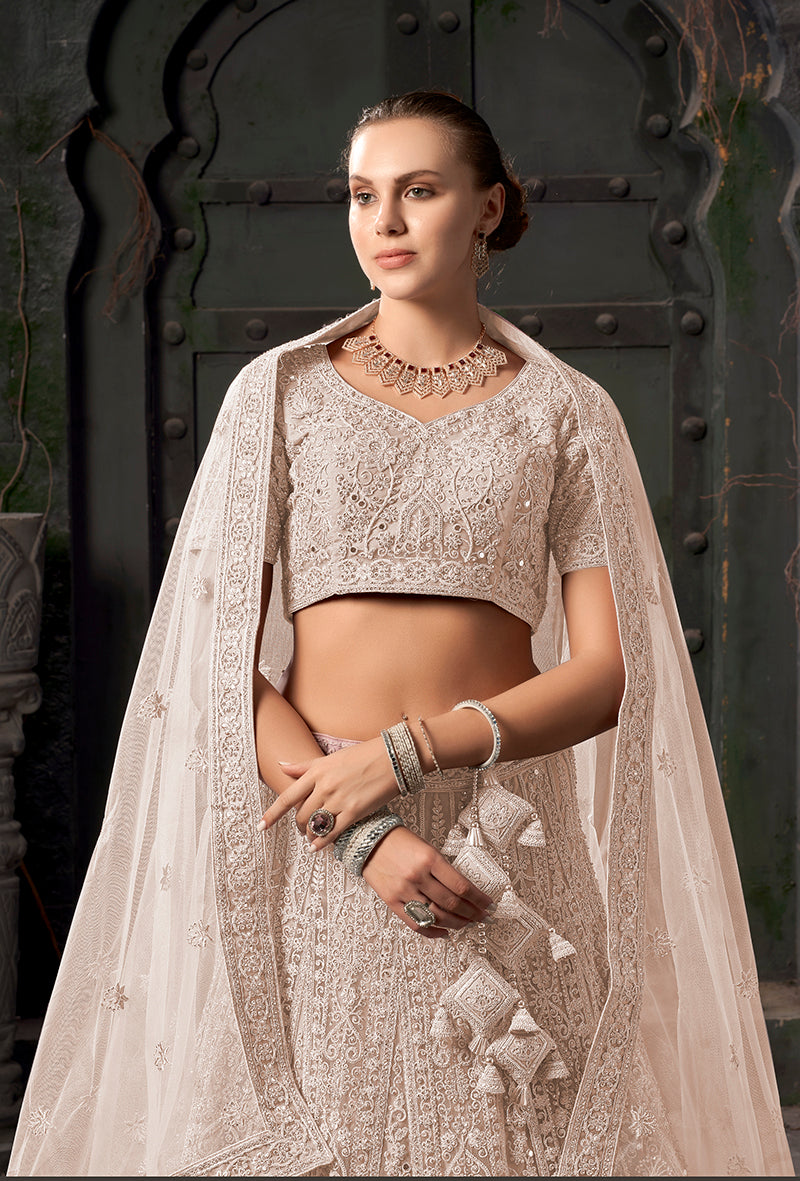 Monjolika Fashion Cream Net Lehenga Choli In Thread Embroidered - Distacart