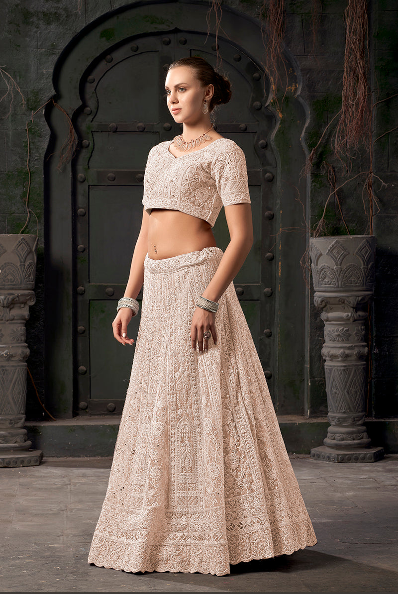 Monjolika Fashion Cream Net Lehenga Choli In Thread Embroidered