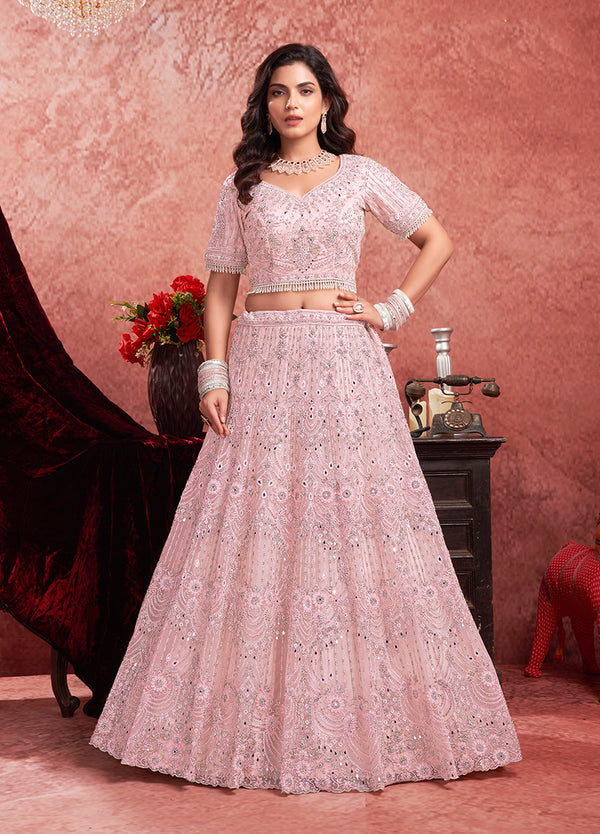 Monjolika Fashion Baby pink Net Lehenga Choli In Thread Embroidered