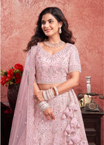 Thumbnail for Monjolika Fashion Baby pink Net Lehenga Choli In Thread Embroidered