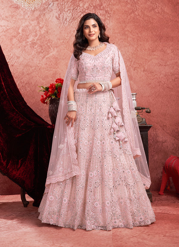Monjolika Fashion Baby pink Net Lehenga Choli In Thread Embroidered