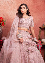 Thumbnail for Monjolika Fashion Pink Net Lehenga Choli In Thread Embroidered