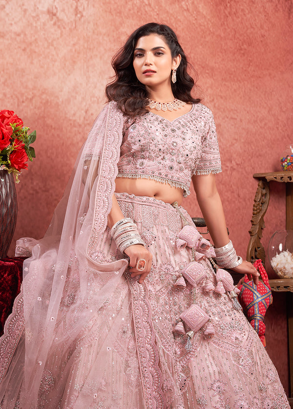 Monjolika Fashion Pink Net Lehenga Choli In Thread Embroidered