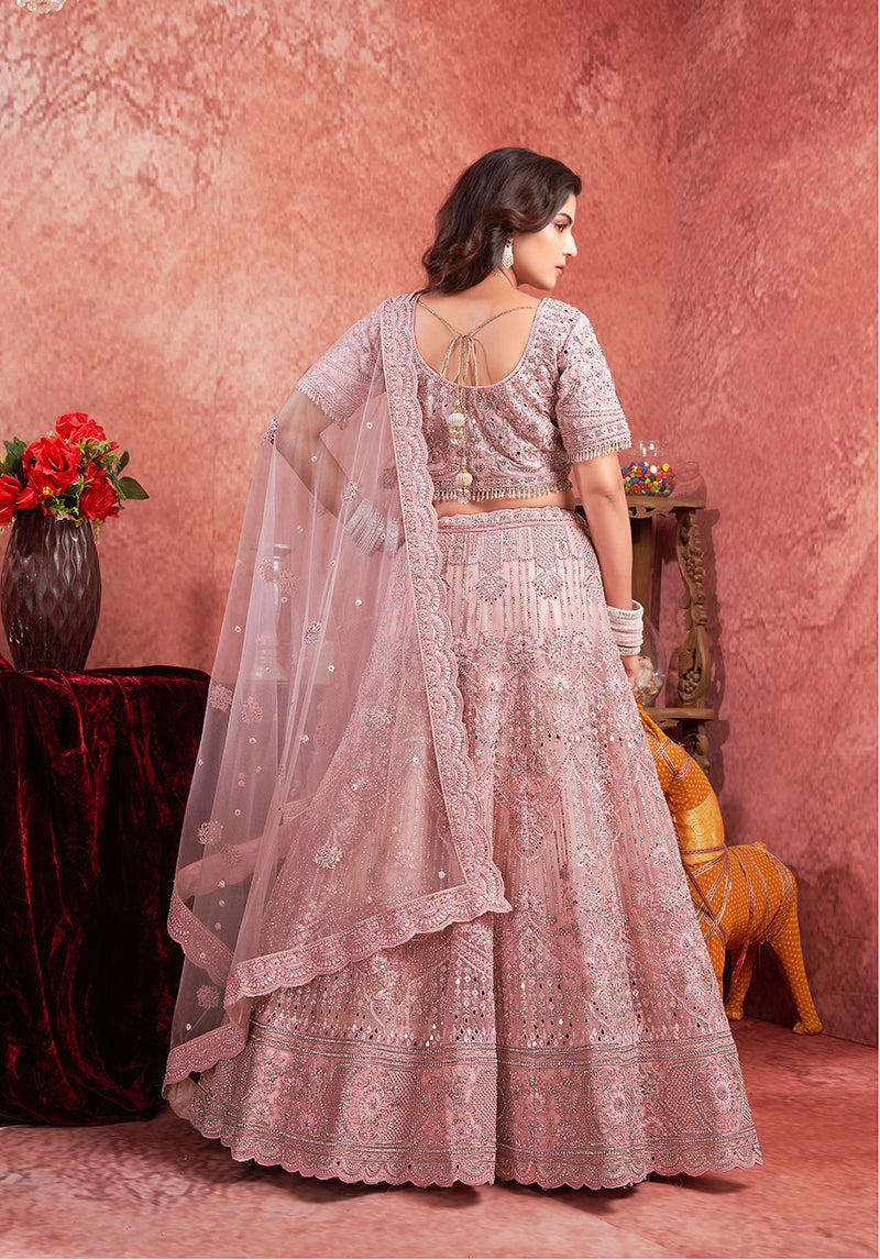 Monjolika Fashion Pink Net Lehenga Choli In Thread Embroidered