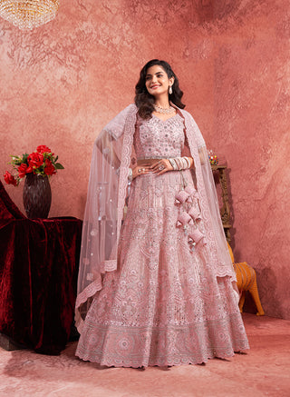 Monjolika Fashion Pink Net Lehenga Choli In Thread Embroidered