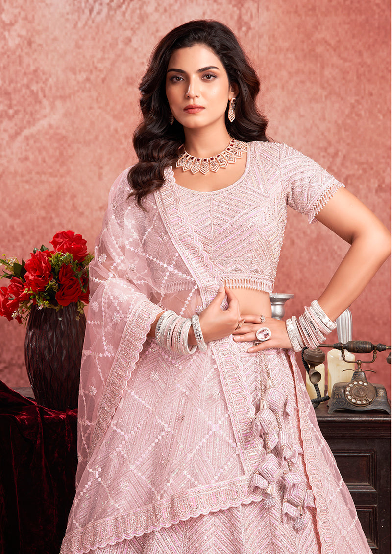 Monjolika Fashion Baby pink Net Lehenga Choli In Thread Embroidered