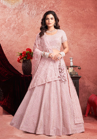 Monjolika Fashion Baby pink Net Lehenga Choli In Thread Embroidered