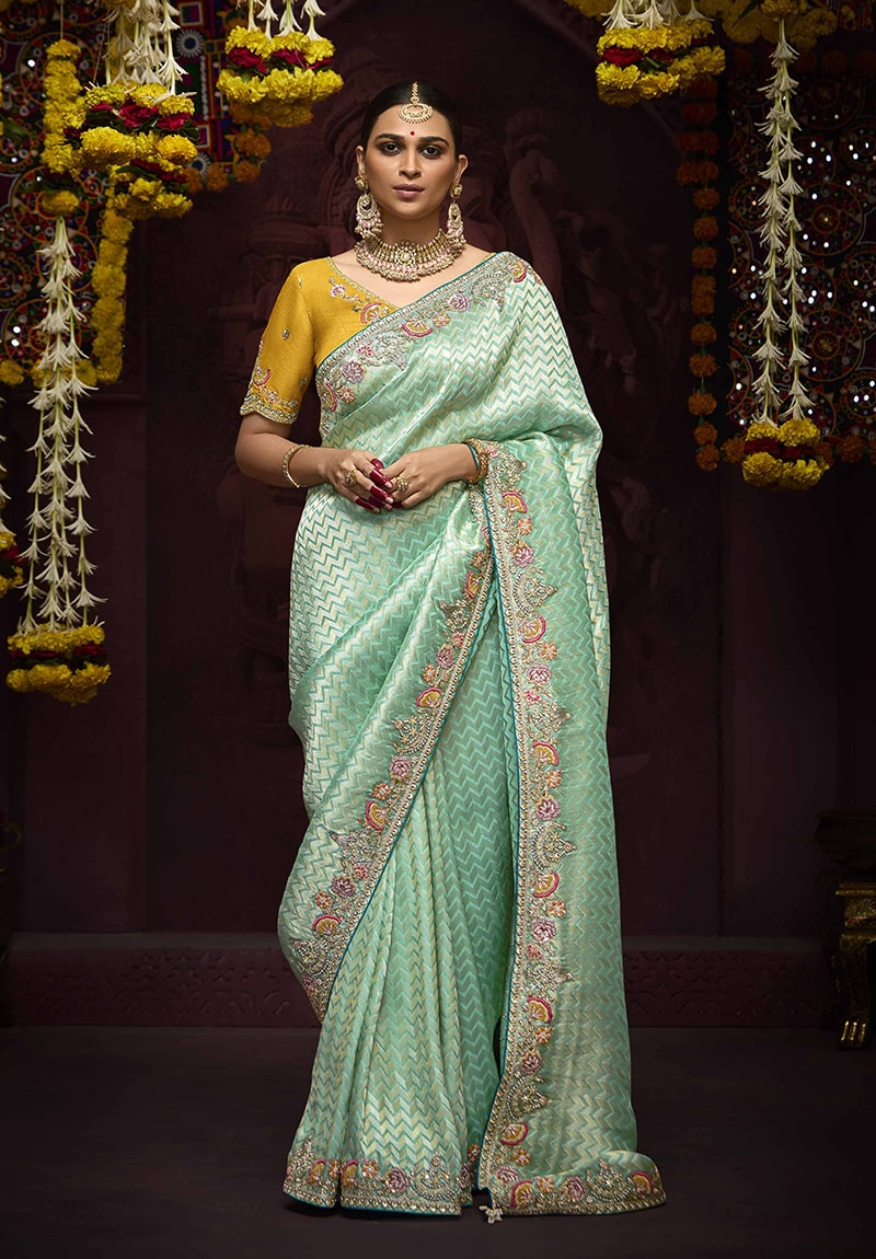 Monjolika Fashion Aqua Blue Kanjivaram Silk Sangeet Classic Saree