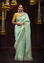Thumbnail for Monjolika Fashion Aqua Blue Kanjivaram Silk Sangeet Classic Saree