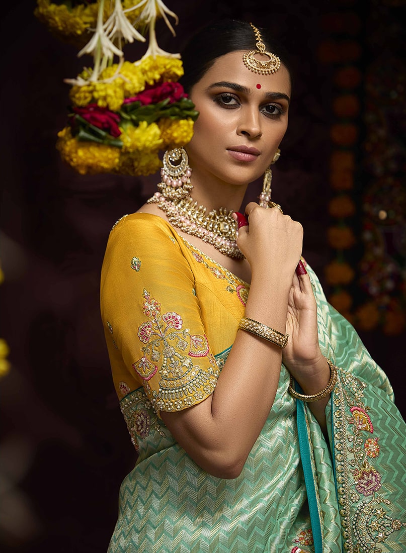 Monjolika Fashion Aqua Blue Kanjivaram Silk Sangeet Classic Saree