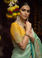 Thumbnail for Monjolika Fashion Aqua Blue Kanjivaram Silk Sangeet Classic Saree