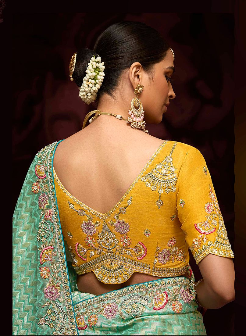 Monjolika Fashion Aqua Blue Kanjivaram Silk Sangeet Classic Saree