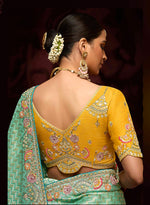 Thumbnail for Monjolika Fashion Aqua Blue Kanjivaram Silk Sangeet Classic Saree