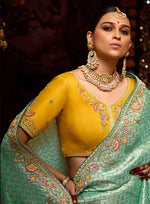 Thumbnail for Monjolika Fashion Aqua Blue Kanjivaram Silk Sangeet Classic Saree