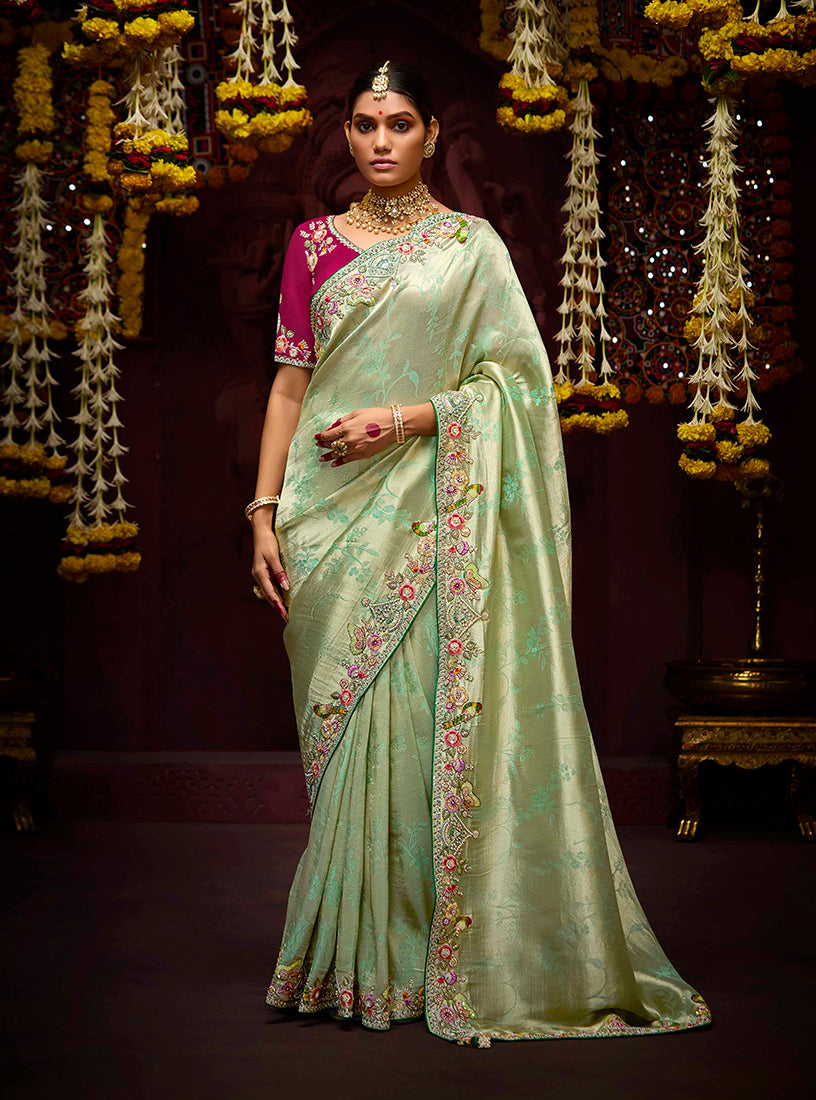 Monjolika Fashion Embroidered Bead Sea Green Traditional Saree