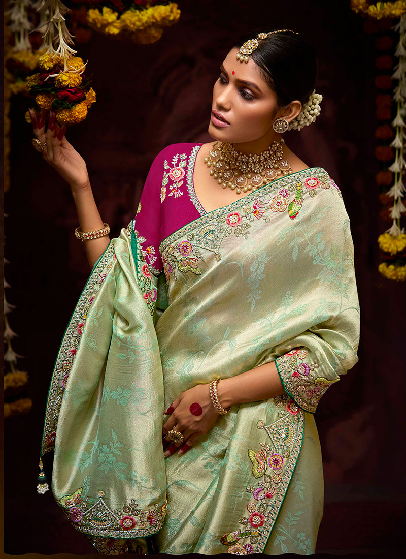 Monjolika Fashion Embroidered Bead Sea Green Traditional Saree