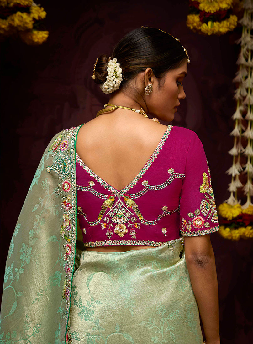 Monjolika Fashion Embroidered Bead Sea Green Traditional Saree