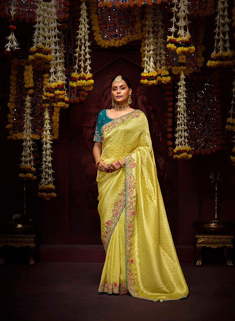 Monjolika Fashion Embroidered Yellow Kanjivaram Silk Trendy Saree