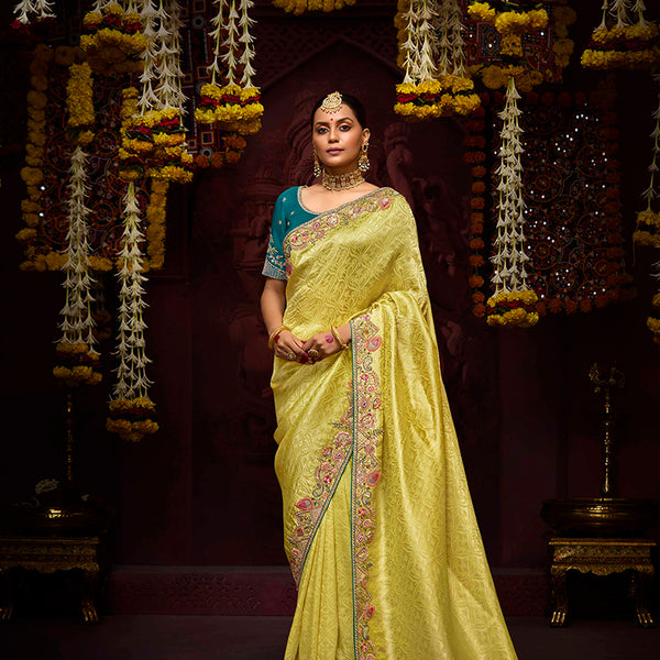 Monjolika Fashion Embroidered Yellow Kanjivaram Silk Trendy Saree - Distacart