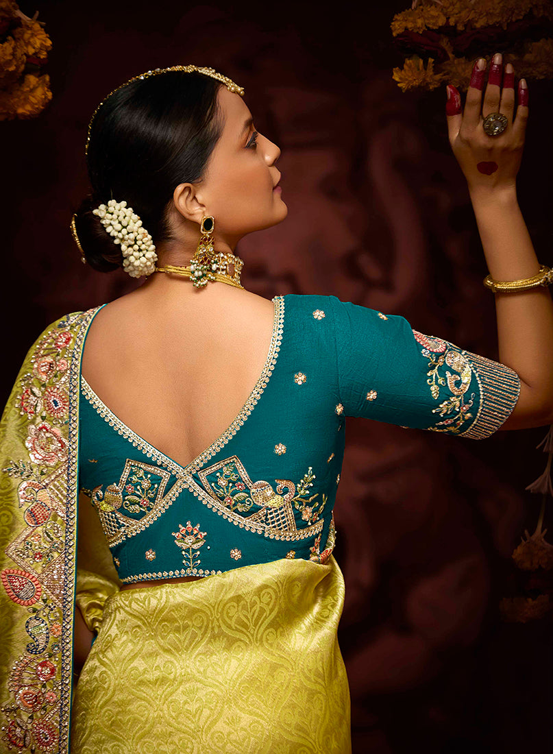 Monjolika Fashion Embroidered Yellow Kanjivaram Silk Trendy Saree