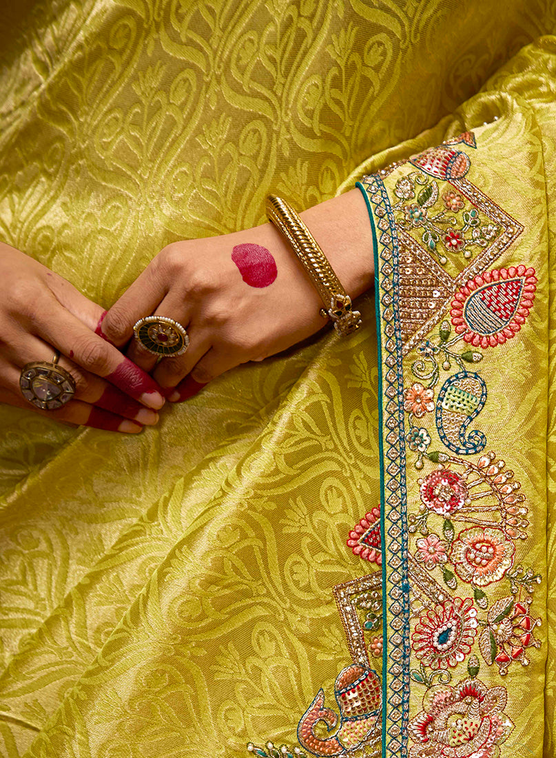 Monjolika Fashion Embroidered Yellow Kanjivaram Silk Trendy Saree