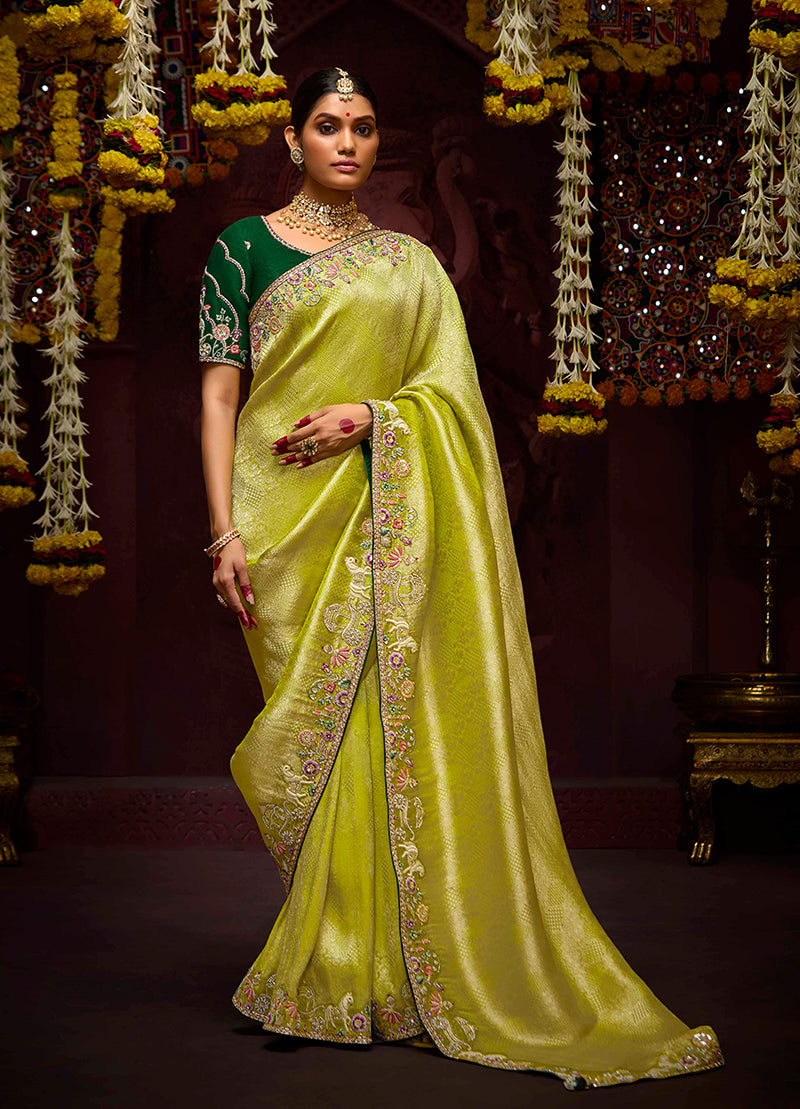 Monjolika Fashion Embroidered Stones Thread Green Classic Saree