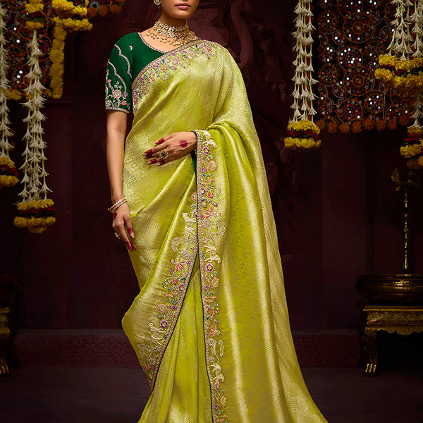 Monjolika Fashion Embroidered Stones Thread Green Classic Saree - Distacart