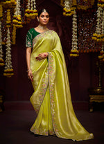 Thumbnail for Monjolika Fashion Embroidered Stones Thread Green Classic Saree
