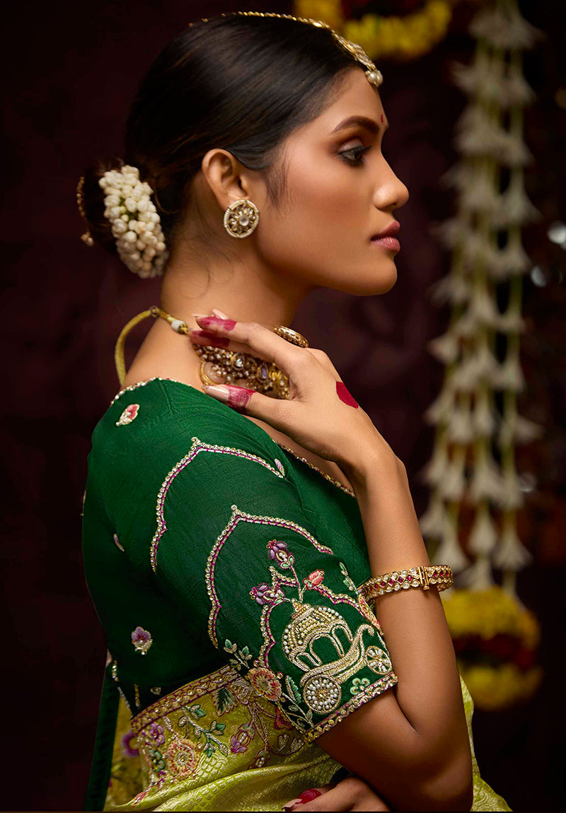 Monjolika Fashion Embroidered Stones Thread Green Classic Saree