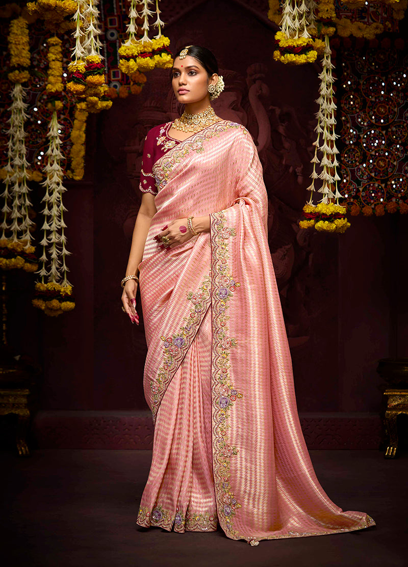Monjolika Fashion Kanjivaram Silk Weaving Rose Pink Contemporary Saree