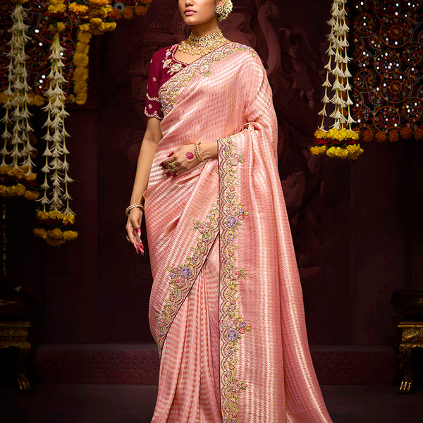 Monjolika Fashion Kanjivaram Silk Weaving Rose Pink Contemporary Saree - Distacart